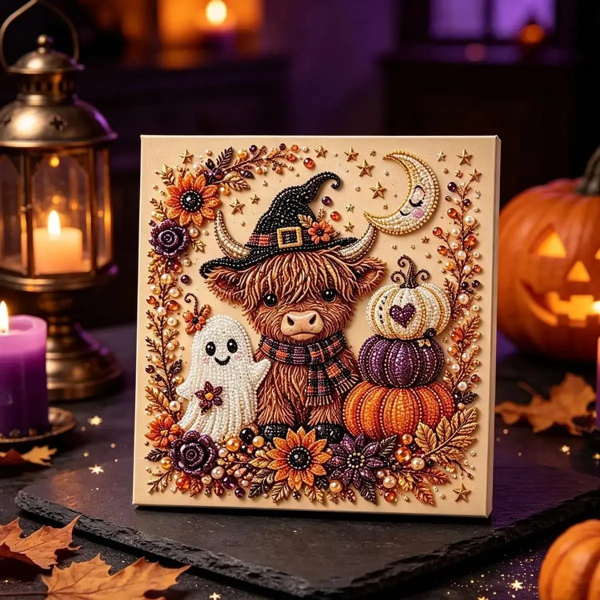 Halloween Ghost Pearl Painting DIY Kit, Pumpkin Cat Ghost Diamond Art Craft, Handmade Home Decor Ornament, Creative Halloween Decoration, Handicraft