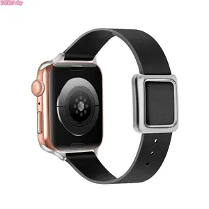 2026Modern Square Magnetic Buckle Genuine Leather Slim Waist Watch Band, Elegant Narrow Replacement Strap Compatible With Apple Watch Series 7 8 9 10 11, 38/40/41/42/44/45/49mm All Sizes (Watch Not Included)