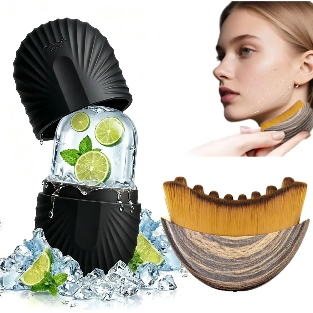 Facial Ice Roller and Lymph Massage Brush Set, Reduces Swelling and Dark Circles, Promotes Blood Circulation, Relieves Facial Tension, Daily Beauty Care