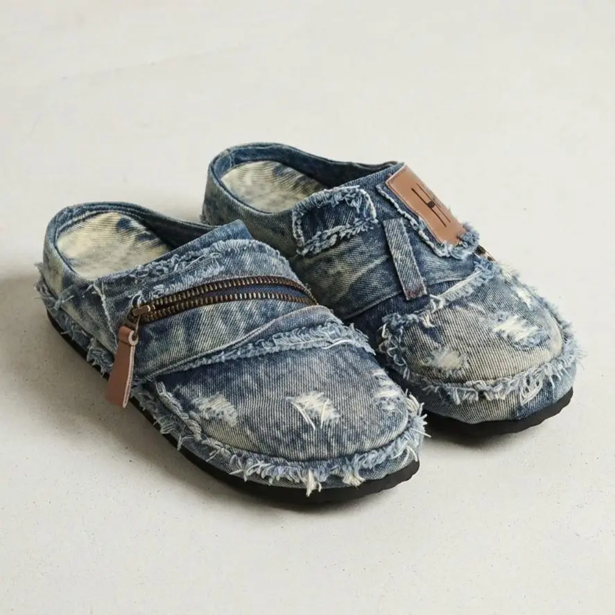 Men's Mule Shoe in Vintage Frayed Denim, Casual Distressed Slides with a Round Toe and Zipper Detail, Flat Comfort Footwear, Pvc, Slip-On tiktokshopbacktoschool, Zippered
