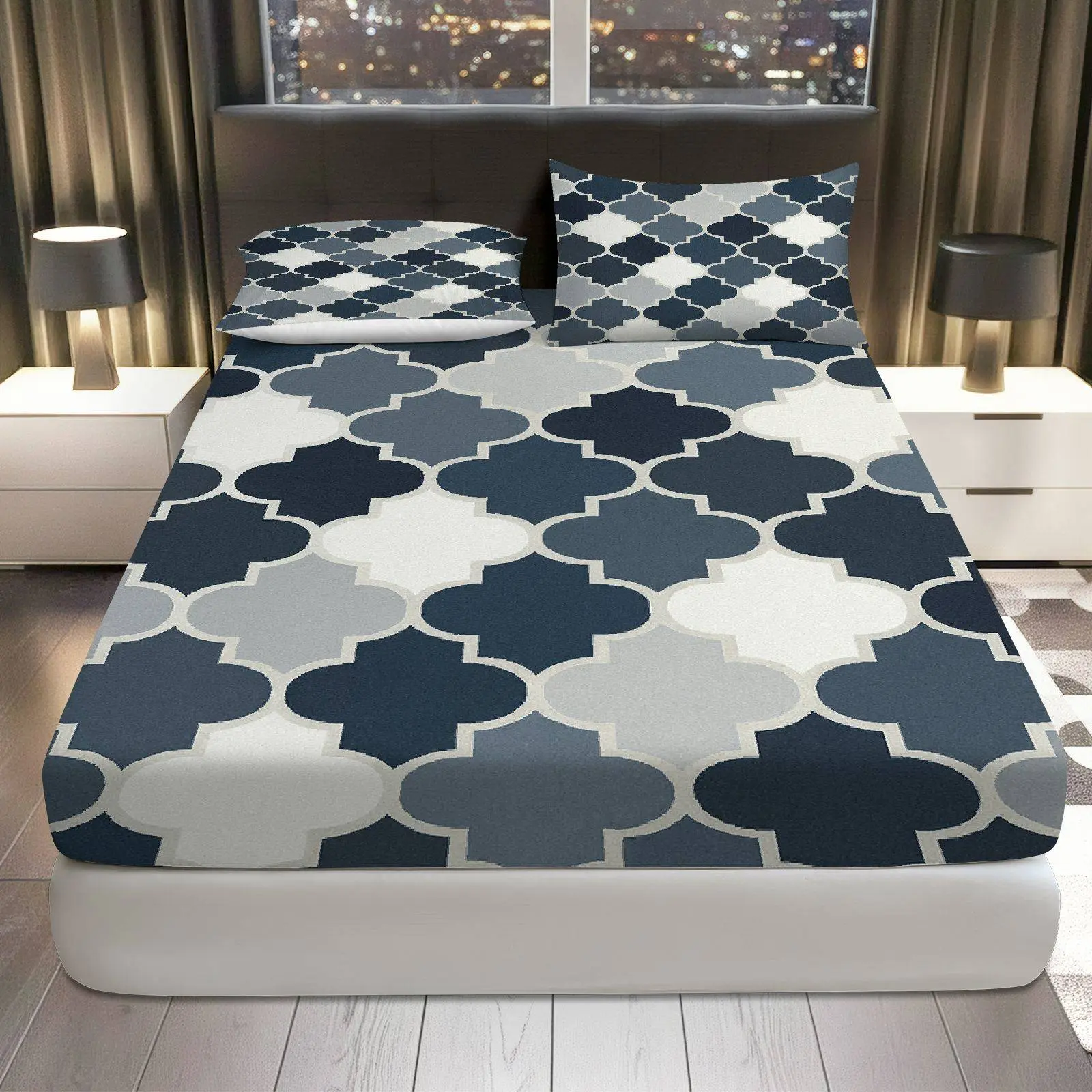 3Pcs Geometric Trellis Pattern Fitted sheet Three Piece Set (1*Fitted Sheet+2*Pillowcases, Coreless), Modern theme, Soft Microfiber Bedding Set, Mattress protector Soft, Breathable