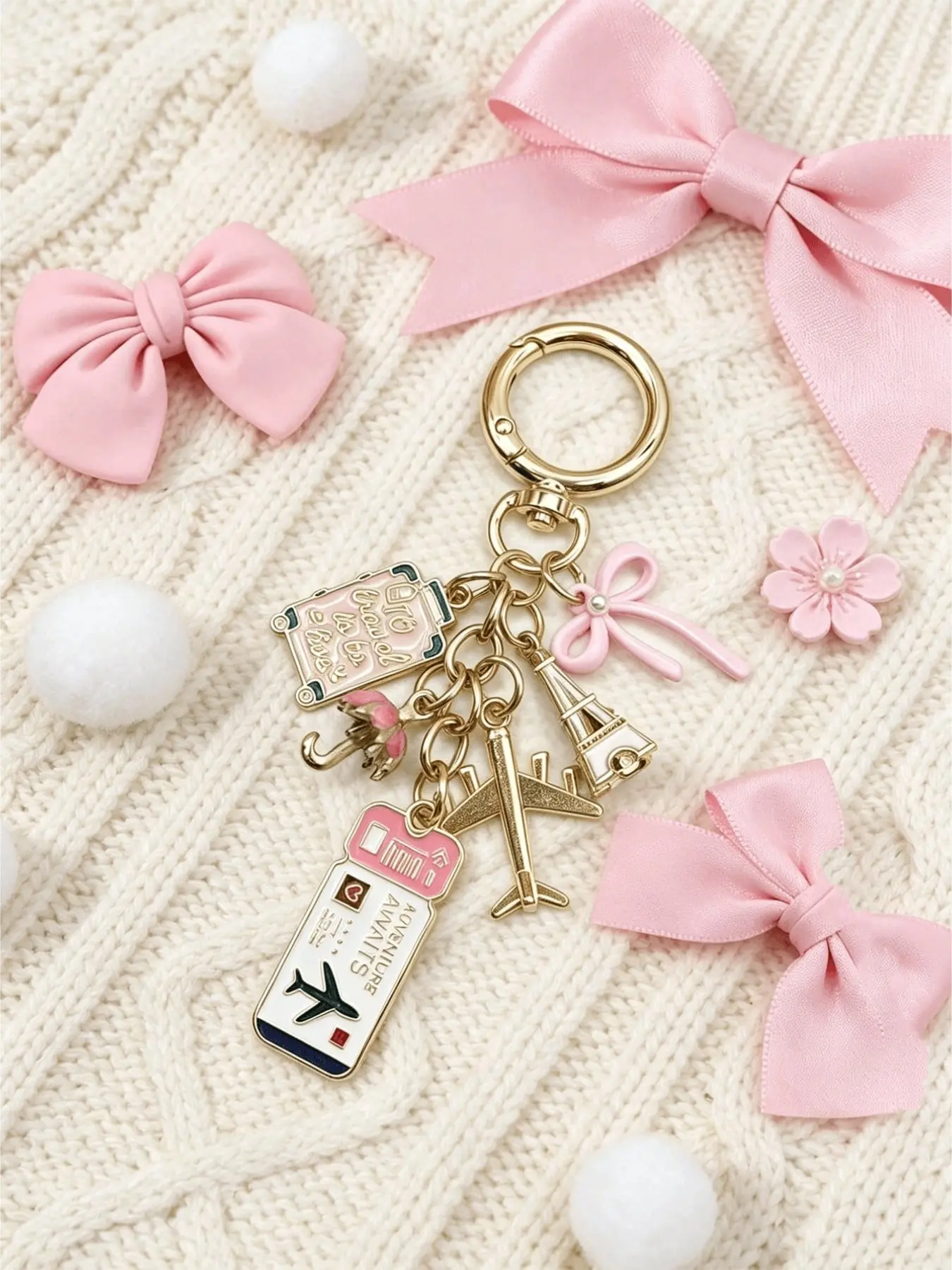 Bag Charm Airplane And Eiffel Tower Keychain Elegant Bow Travel Keychain Pendant, Bag Decoration Multiple Colors Available Travel-Themed Charms Korean-Style Sweet&Girly Look Vacation Vibes For Bags