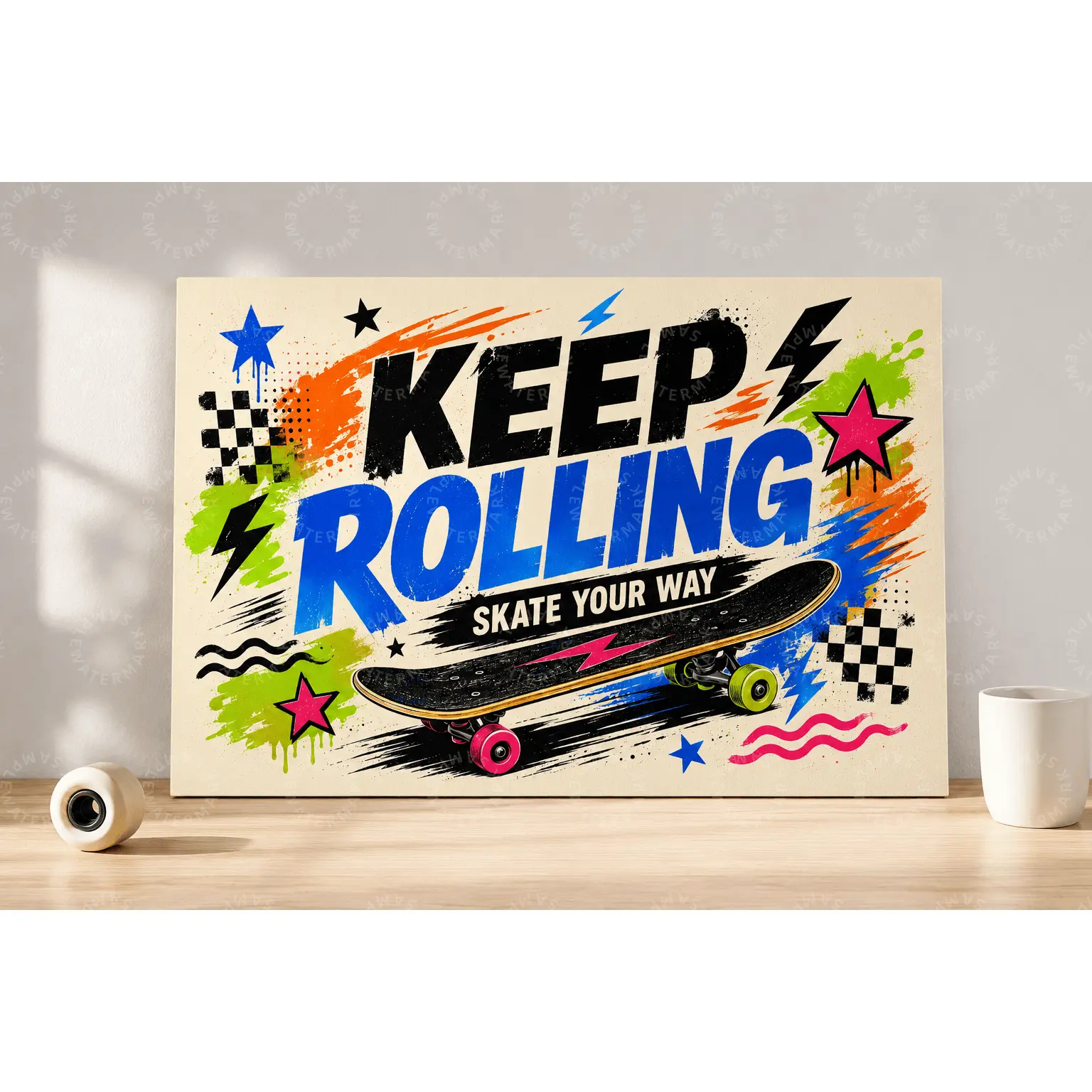 Keep Rolling Skateboard Canvas Wall Art, Bold Graffiti Skate Poster with Colorful Stars Lightning, Teen Bedroom Wall Art, Gaming Room Poster, Skate Room Decor, Boys Room Aesthetic Poster, Gift for Skaters