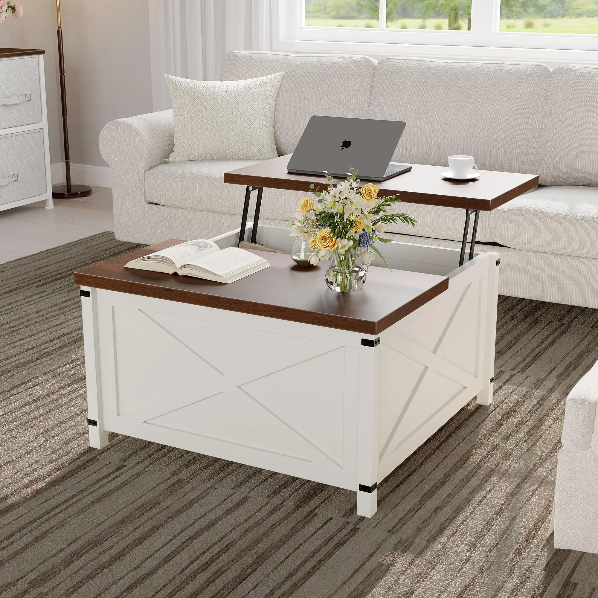 Hydraulic Lift-Top Coffee Table - Adjustable Height, Hidden Storage Compartment, Detachable Shelf, Sturdy Wood-Metal Frame, Convertible Table Living Room Furniture for Modern Farmhouse Decor, Space-Saving Dorms Farmhouse Vibes, Easy to Assemble