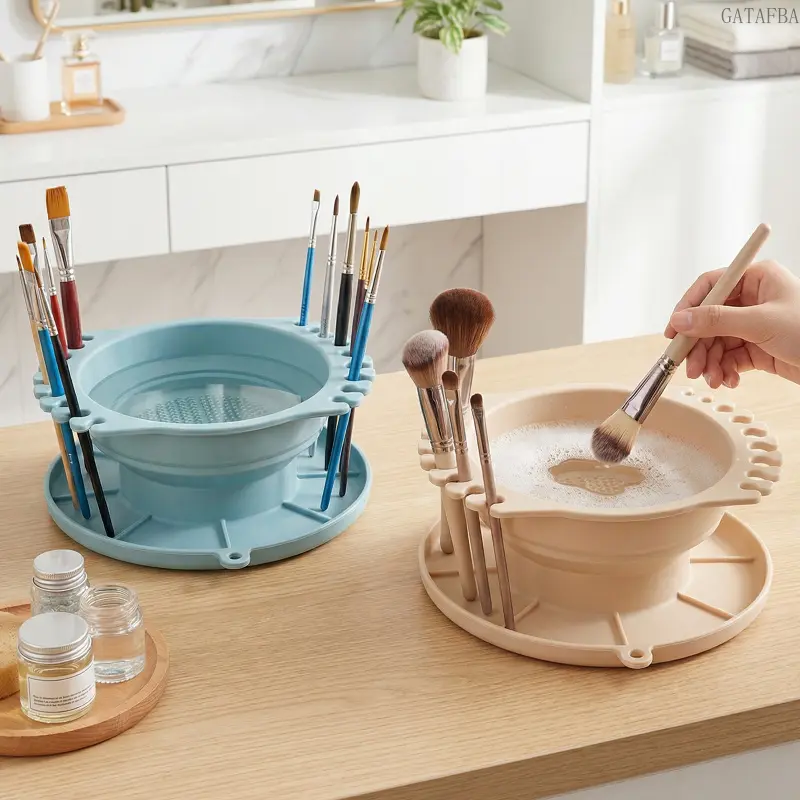 3-in-1 Foldable Silicone Makeup Brush Cleaning Bucket, Mini Wash Bowl with Built-in Palette, Portable Multipurpose Beauty Tool Cleaner