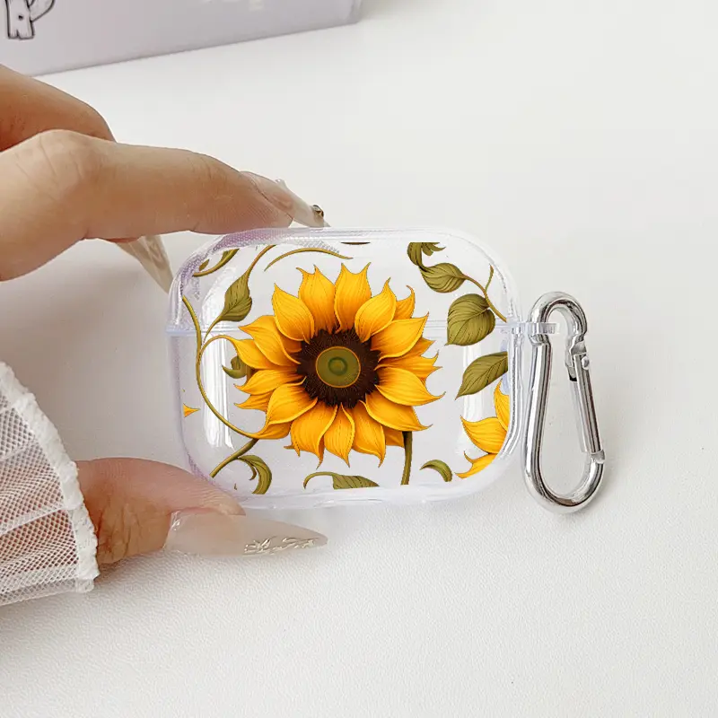 Sunflower Reverie Pattern TPU Soft Protective Case for Apple AirPods 4/3/2/1/Pro/Pro2 Transparent Earphone Cover with Keychain Attachment