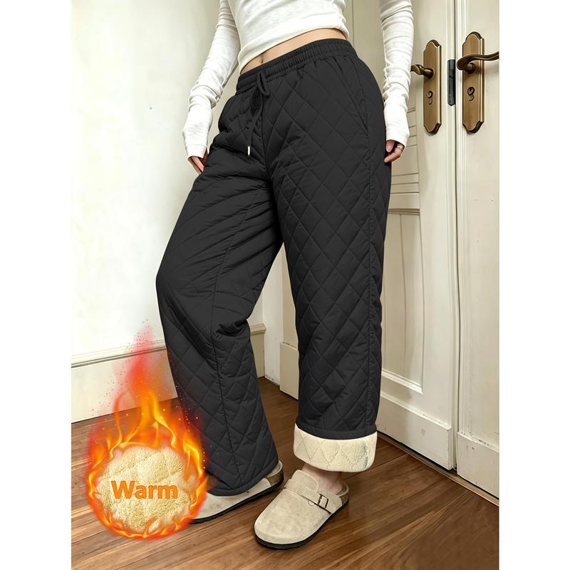 Women's Basic Loose Wide-Leg Pants, Diamond Quilted Fleece-Lined Puffer Bottoms with Elastic Drawstring Waist, Warm Winter Casual Streetwear
