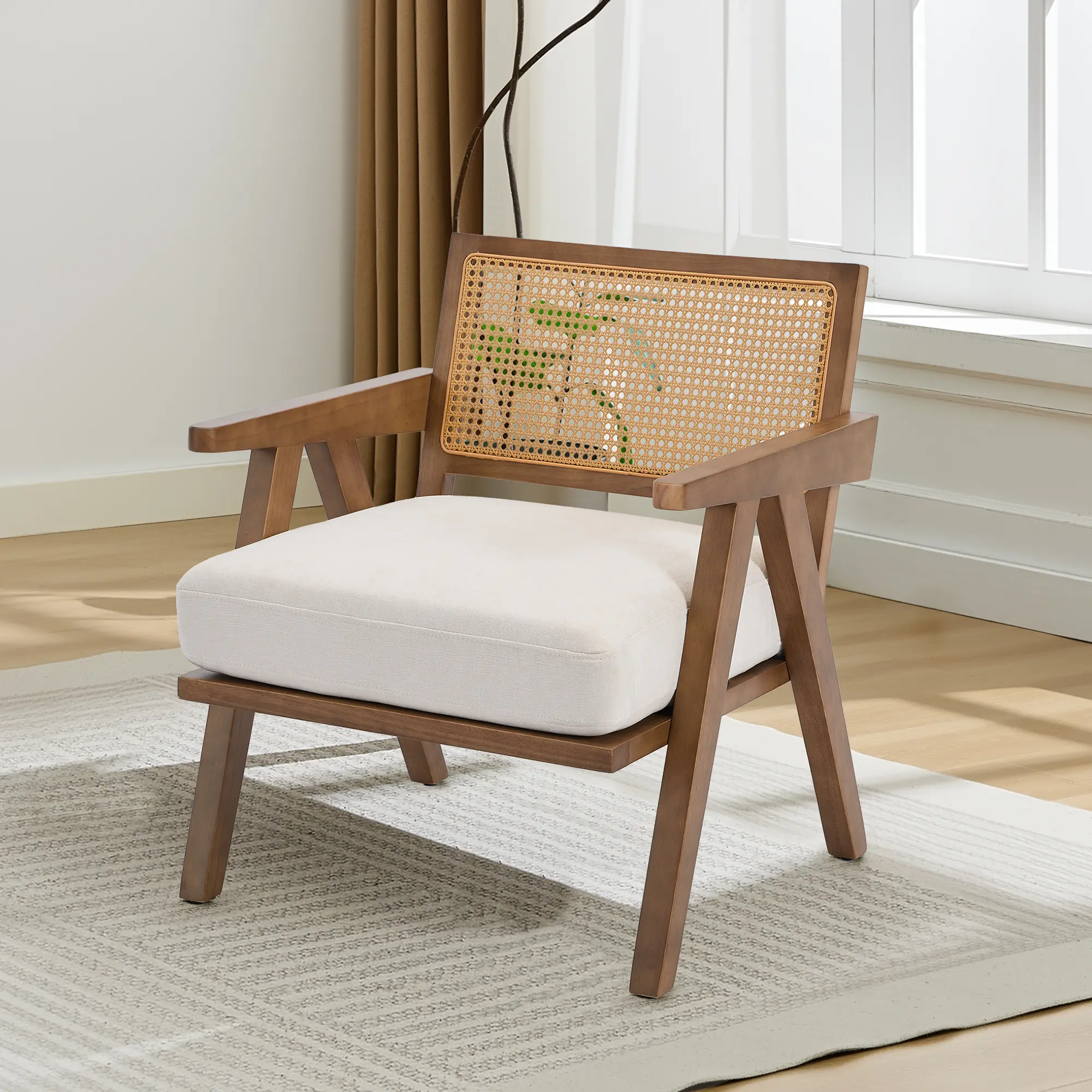 Mid-Century Modern Rattan Accent Chair - Linen & Suede Upholstered Seat - Plain Wood Frame - Comfortable Armchair for Living Room, Bedroom, Balcony - Easy Assembly