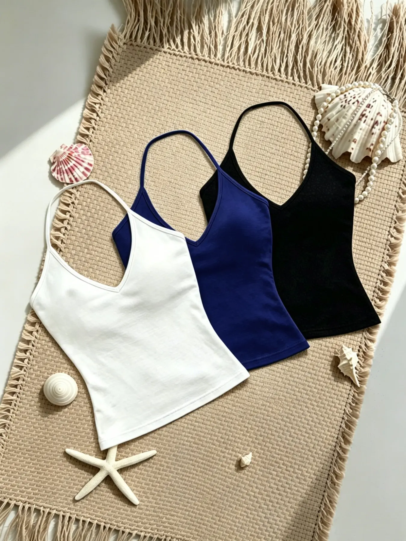 Women's Three-Piece Fashion Simple Sexy Slim Fit Solid Color Thin Strap Halter Top Set, Elegant and Comfortable Top for Summer