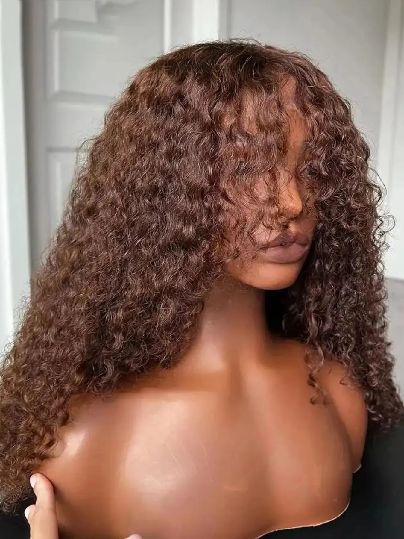 Soft Glue-Free Wavy Bangs Wig, 26 Inches Long, 180% Density, Daily Curl Style, 13x4x1 Lace Front Full Cap, Heat-Resistant Fiber Hair, Lace Frontal Wigs