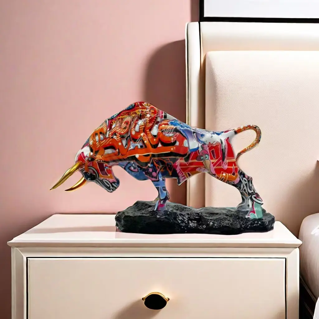 Graffiti Bull Resin Sculpture, Street Art Bull Statue Decor, High-End Gift for Office, Business Opening, Entrepreneurs