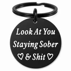 Look At You Staying Sober & Funny Keychain,Black Stainless Steel Recovery Key Ring, Humorous Sobriety Gift for Friend Addict Anniversary Present