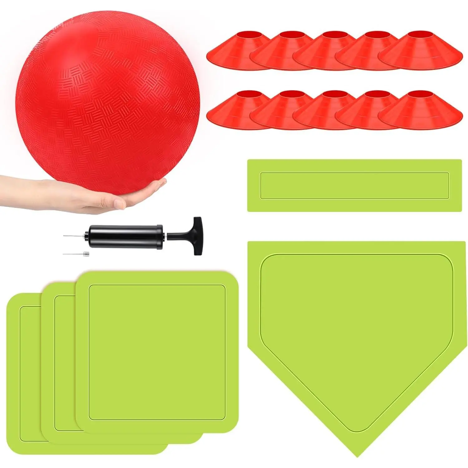 16 Pcs Sports Kickball Set Includes 10 Inches Playground Ball 5 Rubber Throw Down Bases Ball Pump 10 Foul Line Cones for Kids Adults, Perfect for Playground School Backyard Game Camps Picnic