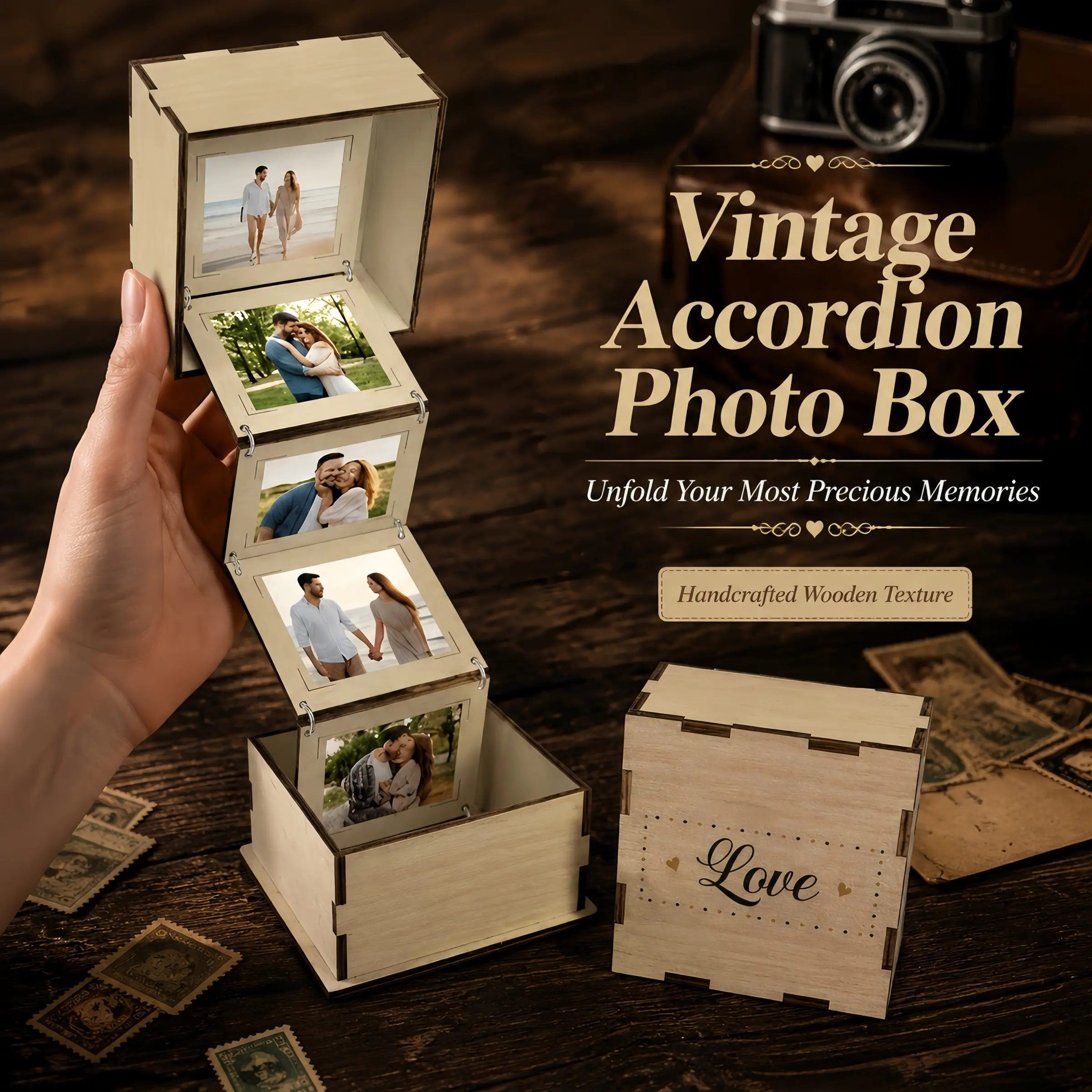 Wooden Photo Memory Box Foldable Photo Album Keepsake Box, Wedding Baby Travel Memory Display, Personalized Anniversary Gift Decor