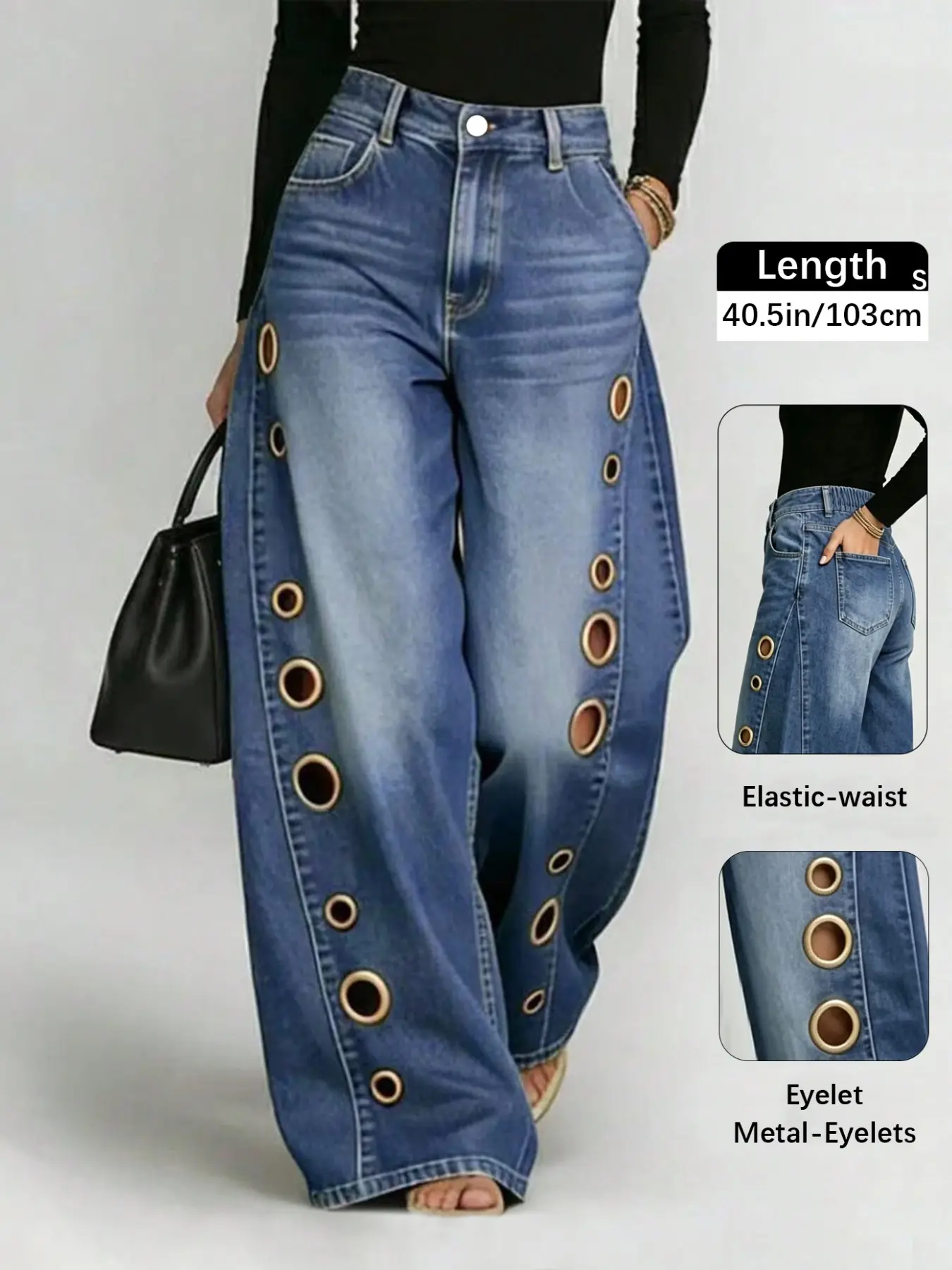 Women's High-Waisted Button Geometric Cut-Out Pockets Loose Cotton Denim Long Pants, Casual Loose Jeans, Spring Summer Casual Wear, Adjustable Waistband