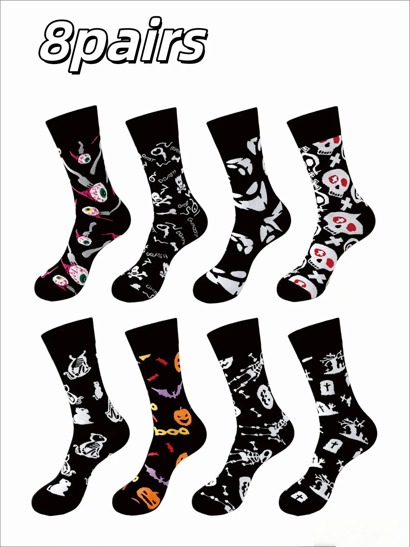 8 Pairs Men's Mid-Calf Socks, Halloween Long Socks, Pumpkin Festival Ghost Socks, Large Size High Cuff Socks, Fall Winter Fashion Socks, Festive