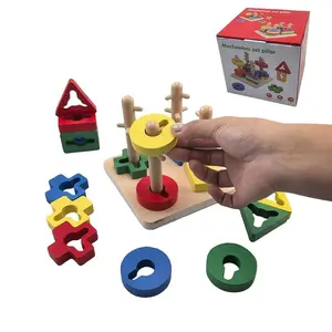 Wooden Geometric Shape Stacking Blocks Educational Tabletop Game - Fun Stacking Tower, Color Recognition, Shape Sorting, Logical Thinking Training, Hand-Eye Coordination and Focus Development, Desktop Game