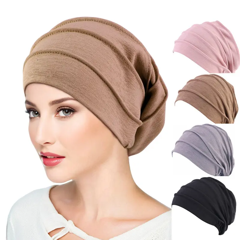 Female Basic Solid Color Multi-Layer Pleated Turban Hat - Soft Stretch Cotton Undercap, Slip-On Stretch Elastic Fit Chemo Cap for Everyday Wear, Grey, Polyester Clothing Compatible