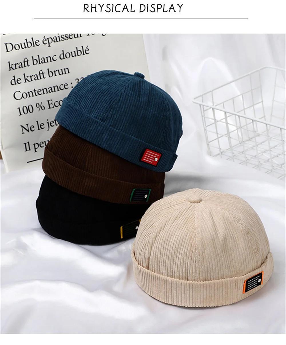 Unisex Corduroy Solid Color Brimless Caps for Men Women Streetwear Hip Hop Hats Retro Beanie Docker Caps Adjustable Dome Hats