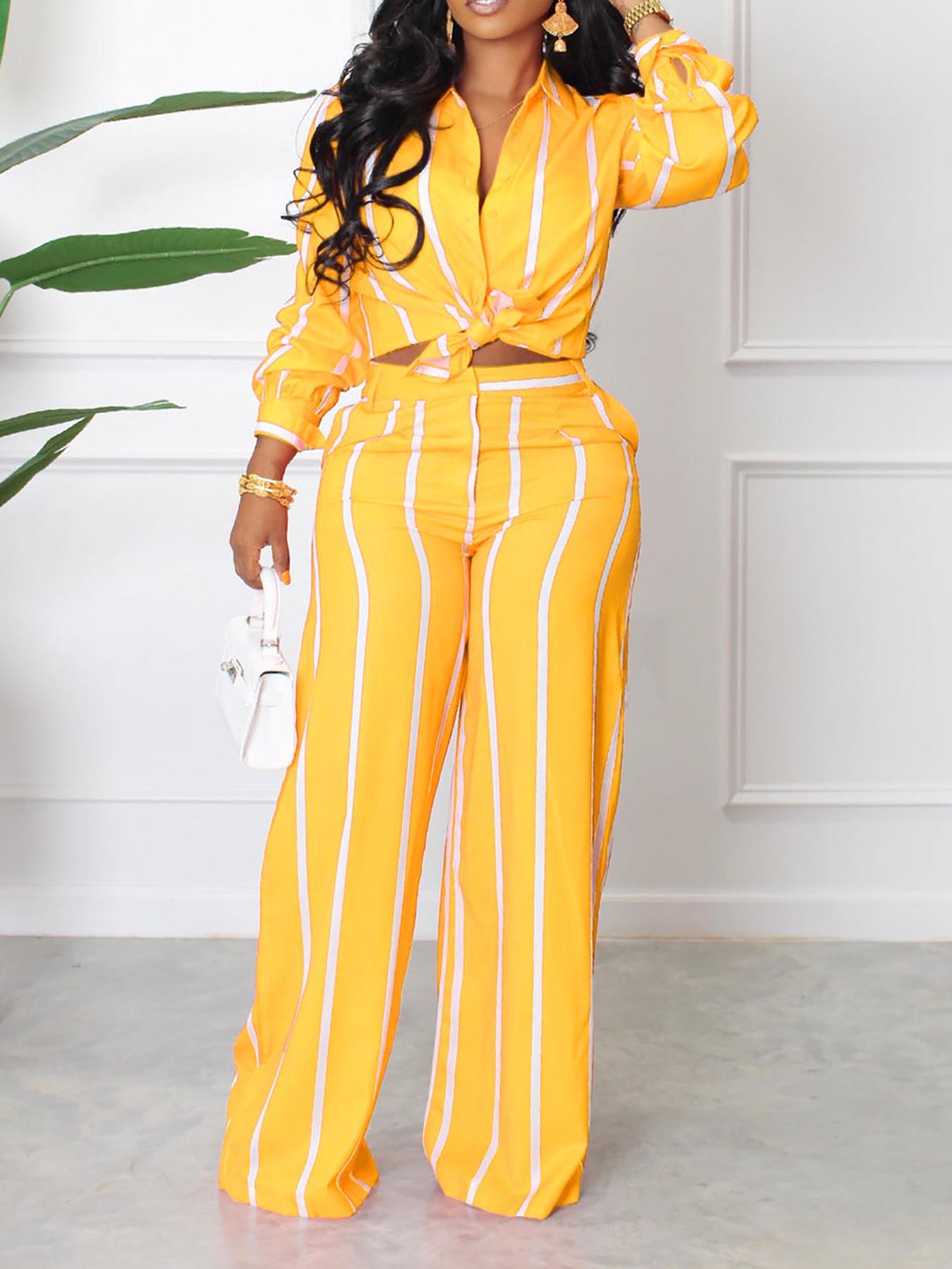 Women's Striped Print Button Front Shirt & Wide Leg Pants, Chic Elegant Casual Fitted Long Sleeve Collared Shirt & Trousers Set for Fall, Ladies Formal Clothes for Work Office Daily Wear, Two Piece Set Women, Casual Summer Set, Suits, Casual Fashion Set