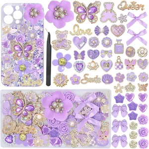 Junk Phone Case Charms, Big Charms Bulk - Purple Bling Flatback Charm Junk Phone Case Kit,Resin Bear Heart Rose 3D Star Accessories for Junk Socks & Customizing DIY Craft Accessories