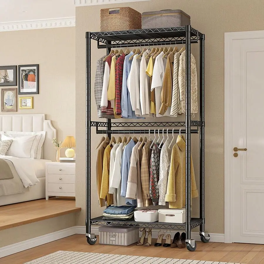 Clothes Rack, 79"Heavy Duty Clothing Rack With Wheels, Adjustable Metal Garment Rack, Clothes Rack, 15.7"D X 35.5"W X 79",Room Decor,Home Decor, Black