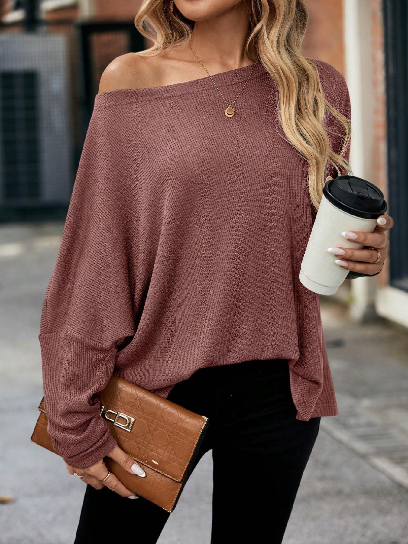 Women's Plain Textured Batwing Sleeve Tee, Casual Drop Shoulder Long Sleeve T-shirt for Spring & Fall, Women's Top for Daily Wear, Casual Breathable Top