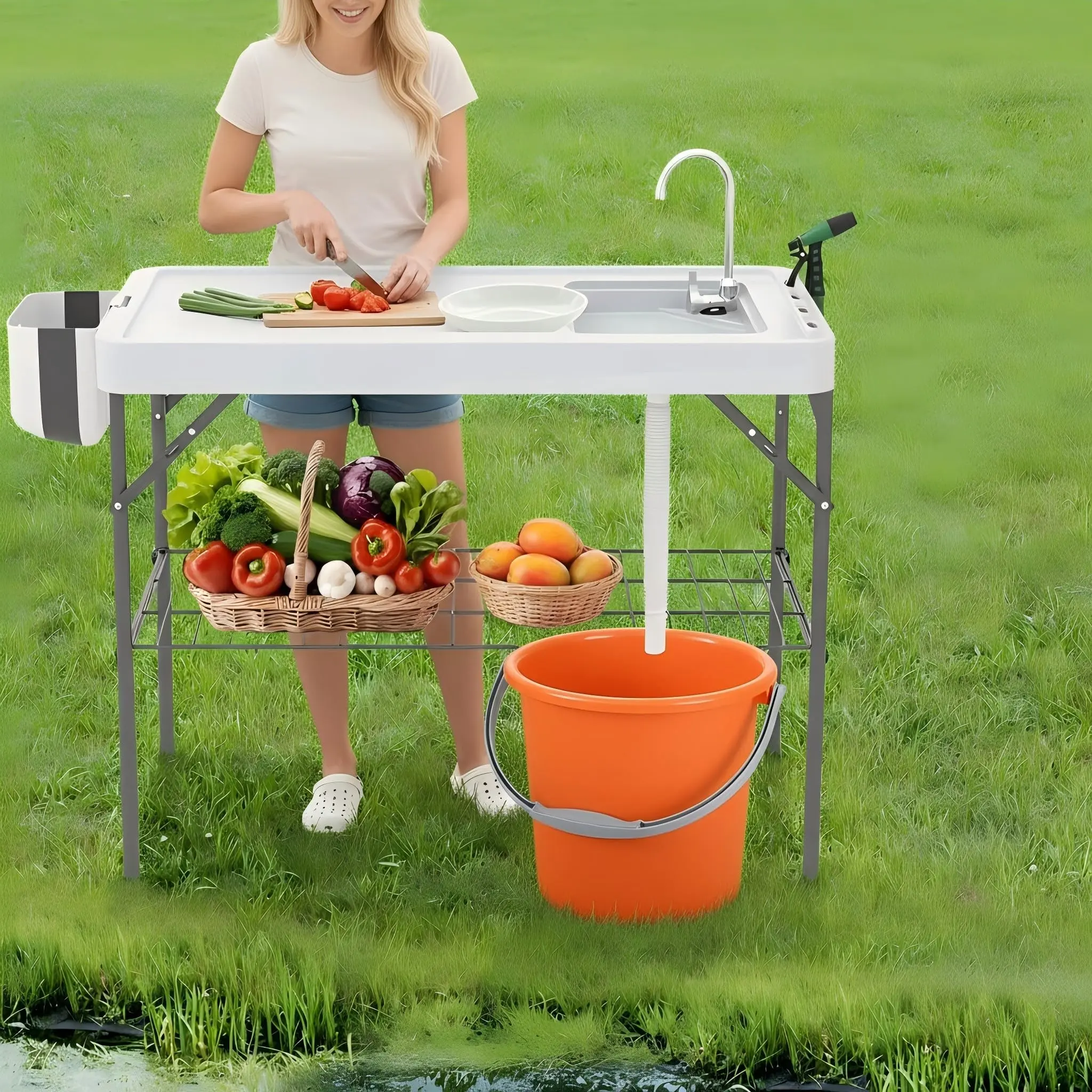 Folding Outdoor Fish Cleaning Table with Basin and Faucet – Portable Patio Dining Prep Station – Features Drainage Hose, Sprayer, Grid Rack – Great for Camping, Picnic, Beach, RV, Dock – Heavy Duty HDPE Garden Furniture