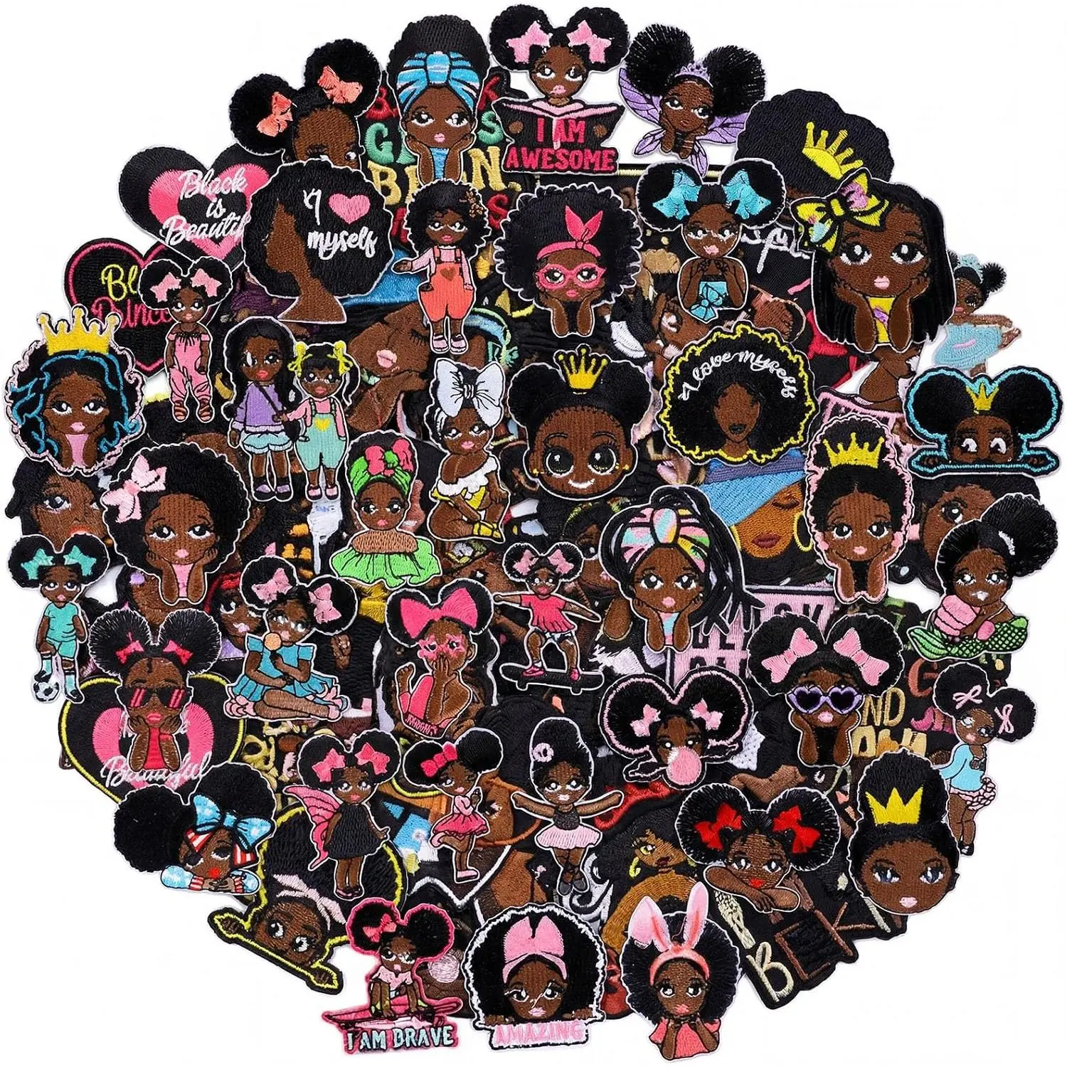 48 Pcs Black Girl Embroidered Appliqué Patches - Iron-On, Sew-On Repair Stickers for Clothes, Jackets, Jeans - Clothing & Backpack DIY Craft Accessories