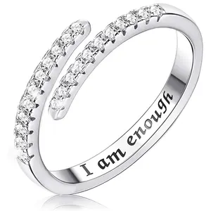 I am Enough Ring 925 Sterling Silver Encouragement Ring Twist Cubic Zirconia Eternity Band Ring for Women Open Spiral Engraved Ring Size 7