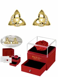 Celtic Golden Seal · Diamond Oath Celtic knot gem stud earrings with 925 silver posts. Red preserved rose gift box. Ideal for Birthday, Mother's Day & Valentine's Day