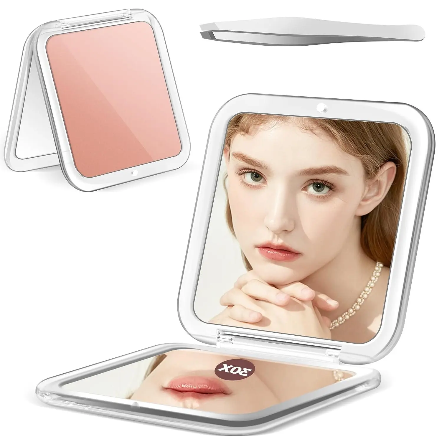 Pocket Makeup Mirror with 30X/1X Magnification, Compact Travel Mirror for Purse, Precision Tweezers, Gift for GirlsGift
