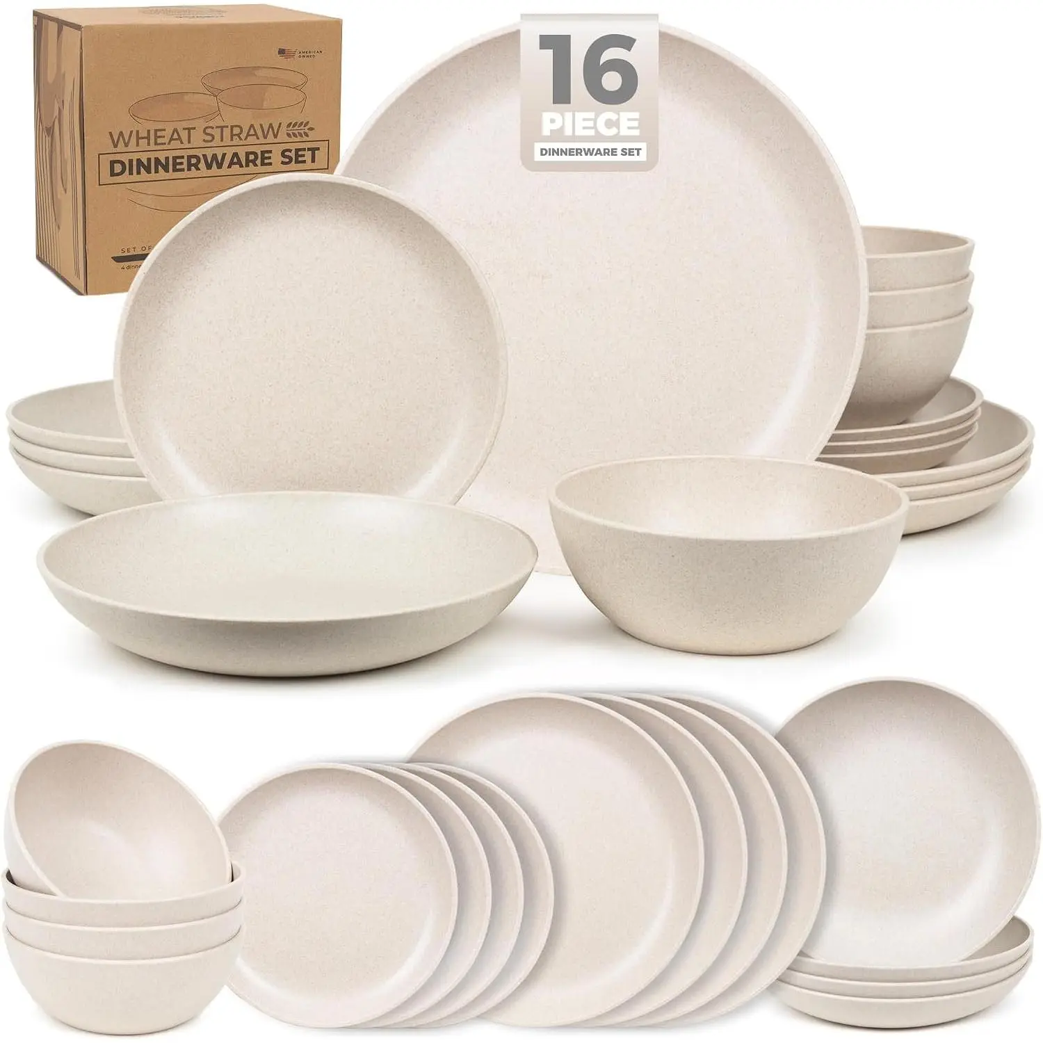 16-Piece Wheat Straw Dinnerware Set for 4 - Sturdy, Lightweight, Stylish Unbreakable Plastic Plates, Bowls & Pasta Dishes - Dishwasher, Microwave Safe - Indoor, Patio Use