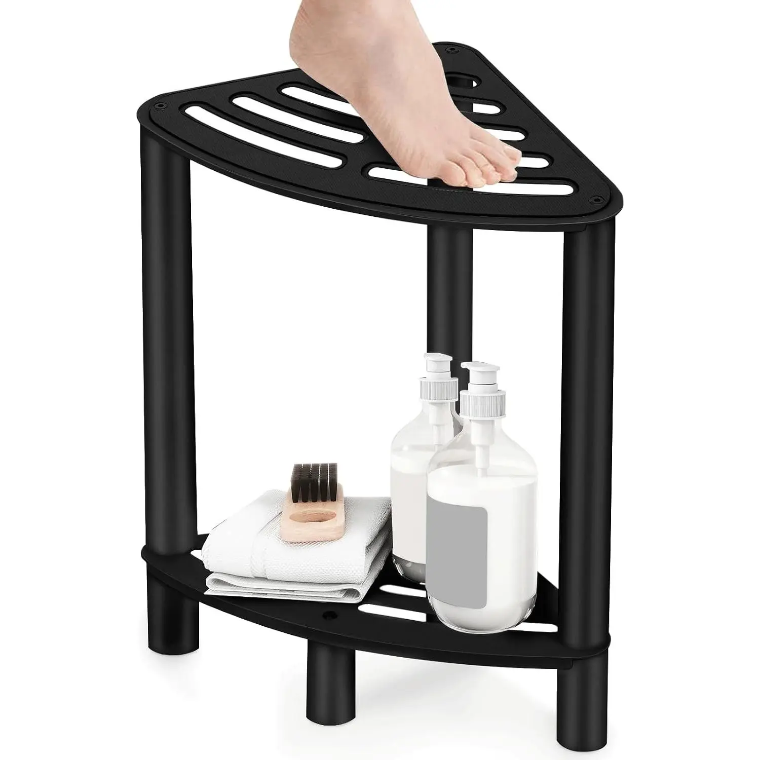Stainless Steel Shower Stool, Double Layer Corner Shower Bench for Inside Shower, Shower Foot Rest for Shaving Legs, Matte Black Shower Seat for Small BathroomGift