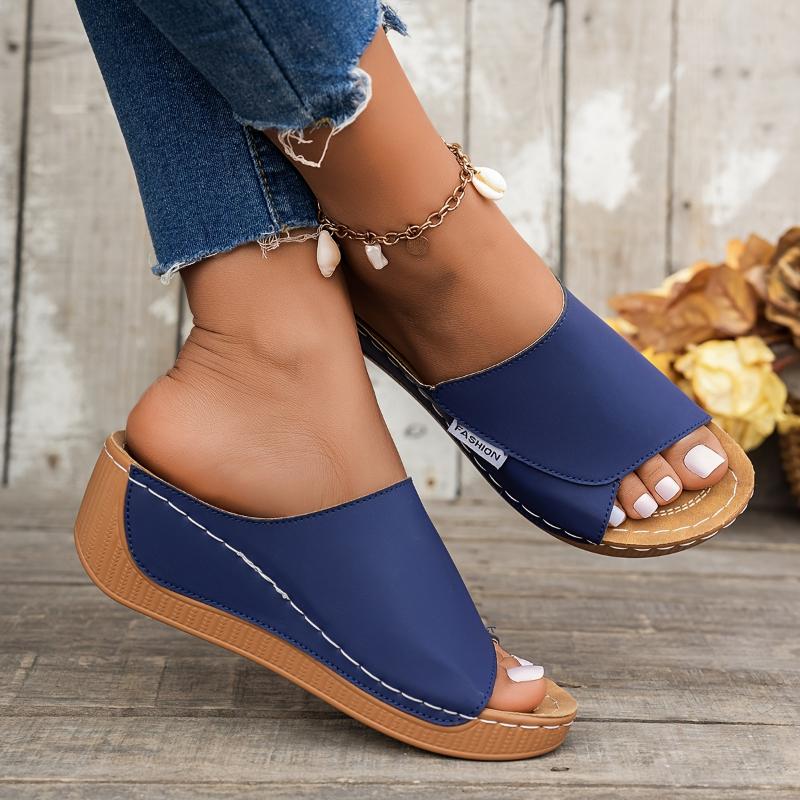 Women's Comfortable Arch Support Slide Sandals - Breathable, Stylish, Soft Sole, Mid-Heel, Open Toe With Faux Cover Straps - For Casual Attire In Maroon, Black, White, Blue, And Brown, Ladies Sandals