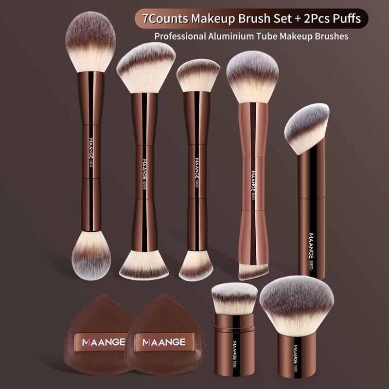 MAANGE 9pcs Makeup Tools Including 7pcs Metal Tube Face Makeup Brushes + 2pcs Marshmallow Air Cushion Powder Puffs, Professional Face Brushes for Flawless Application, Beauty Tools Kit, Cosmetic Brush Set, Makeup Accessories Gifts for Friends