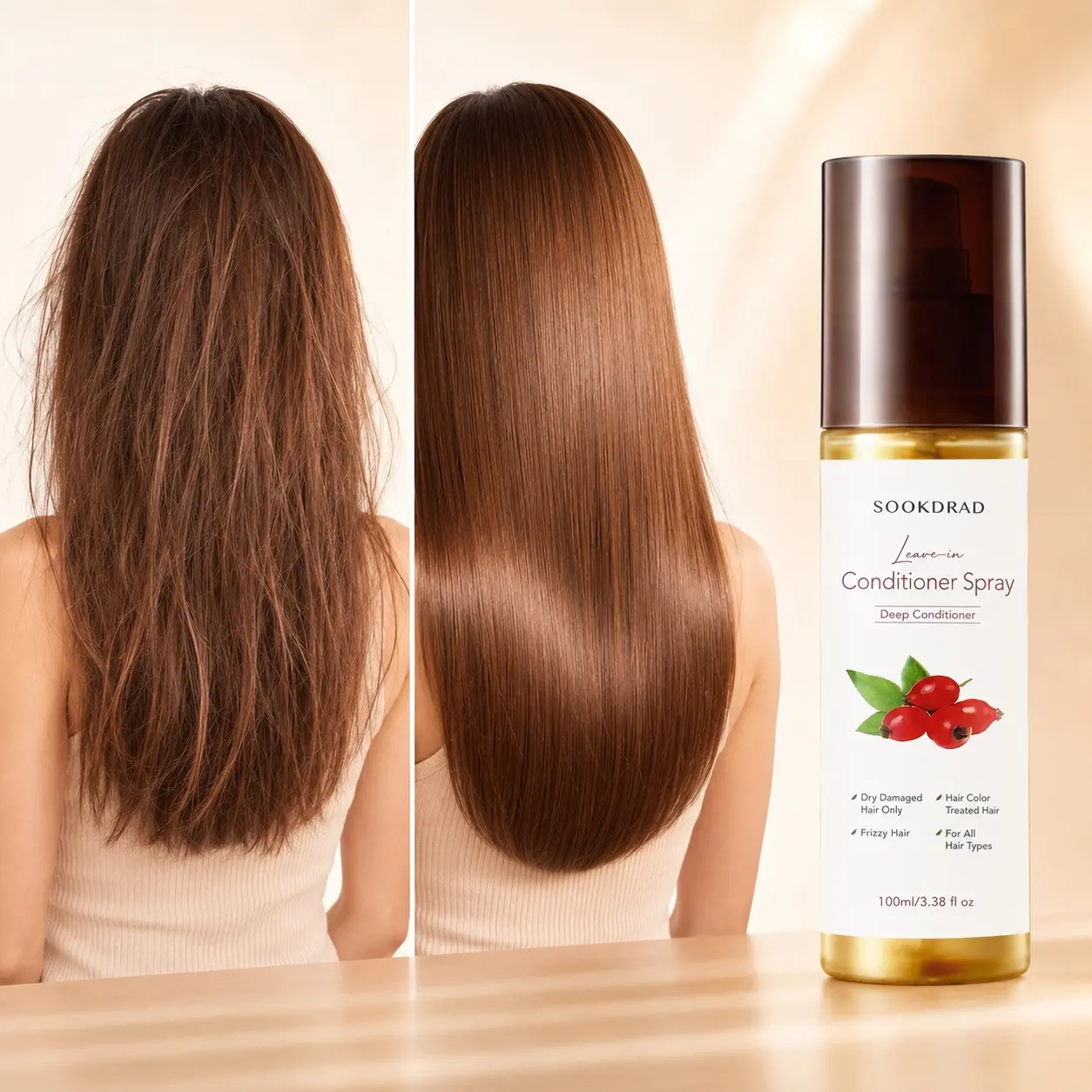 Leave-in Conditioner Spray, rosehip extract, deep conditioner, for dry damaged hair, for frizzy hair, for color treated hair, for all hair types, 100ml/3.38 fl oz