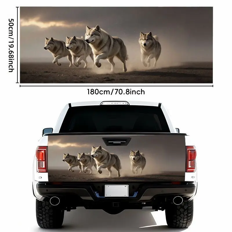 A 19.69X 70.87inch Sticker Depicting Four White Wolves Galloping on a Dry, Desolate Terrain with a Gloomy, Stormy Sky. It Features a Dynamic Motion Design with a Dust Effect and a Gloomy Cloudy Background. This Weather-resistant Sticker.