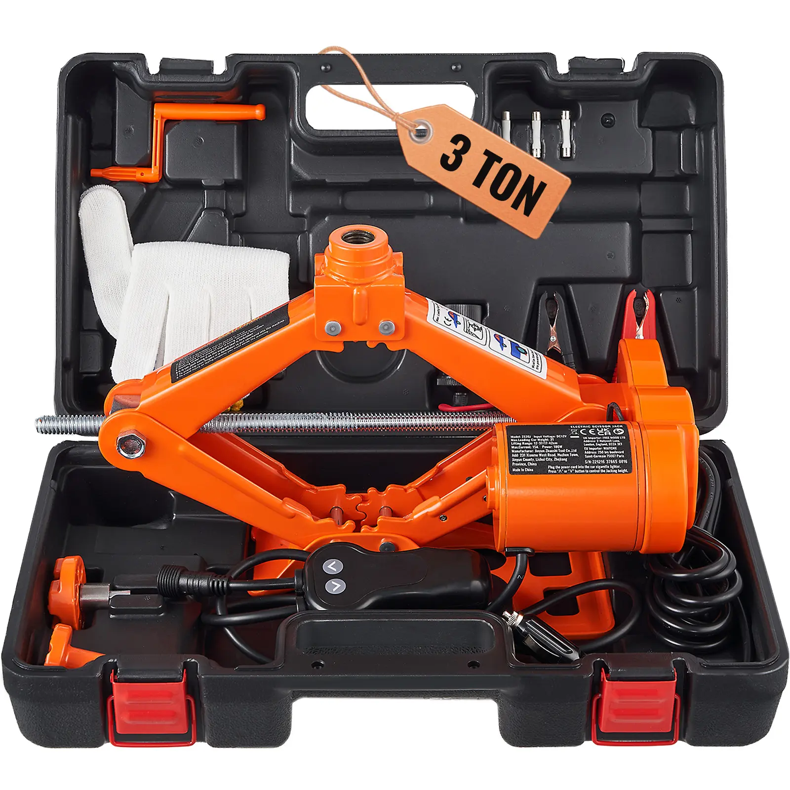 Electric Car Jack, Tons Scissor Jack, 15A Maximum Current, DC 12V Input Voltage, Steel + Plastic + Aluminum Construction, Multi-Function Carrying Case