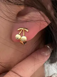 Stereo Cherry Earrings, Korean Sweet Girl Style, Glossy Gold Plated Dual Fruit + Leaf Cherry Design, Daily Wear Knitwear Accessories