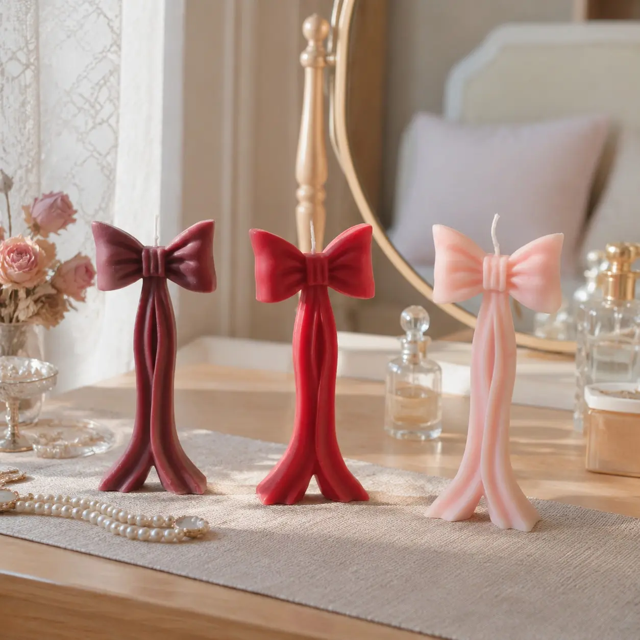 French Style Long Ribbon Bow Scented Candle, Handmade Soy Wax, Long Burn, Three Scents, Smokeless, Decorative Candle for Weddings, Birthdays, Gifts