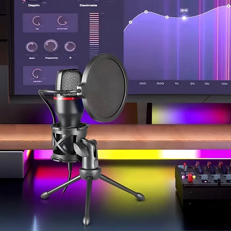 Black gaming microphone with stand -3.5mm jack, noise reduction function, suitable for live recording and karaoke, laptop live streaming, video games, YouTube podcasts
