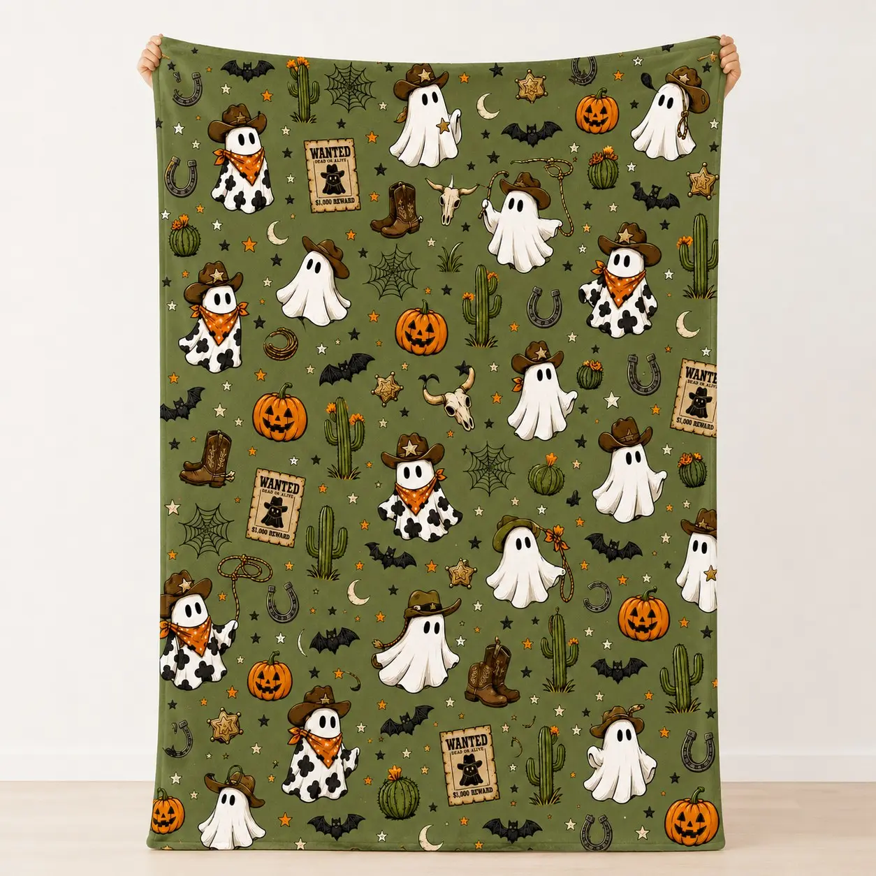 Cowboy Ghost Halloween Throw Blanket, Western Pumpkin Cactus Bat Print, Soft Flannel for Couch Bed, Fall Home Decor, Halloween Gift