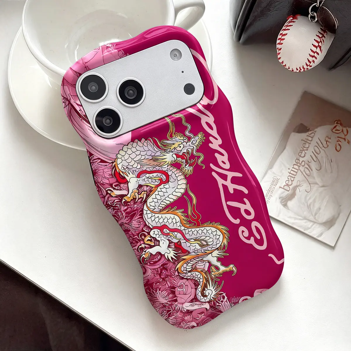 Classic Tatto0 Art White Dragon & Pink R0s3 Print Phone Case, Y2K McBling Vintage Style, Cute Wavy Curved Edge Glossy Dual Layer Case, Hard PC Shell + Soft TPU Bumper Shockproof Rugged Cover for iPhone 11-17 Pro Max, LUMN Studio