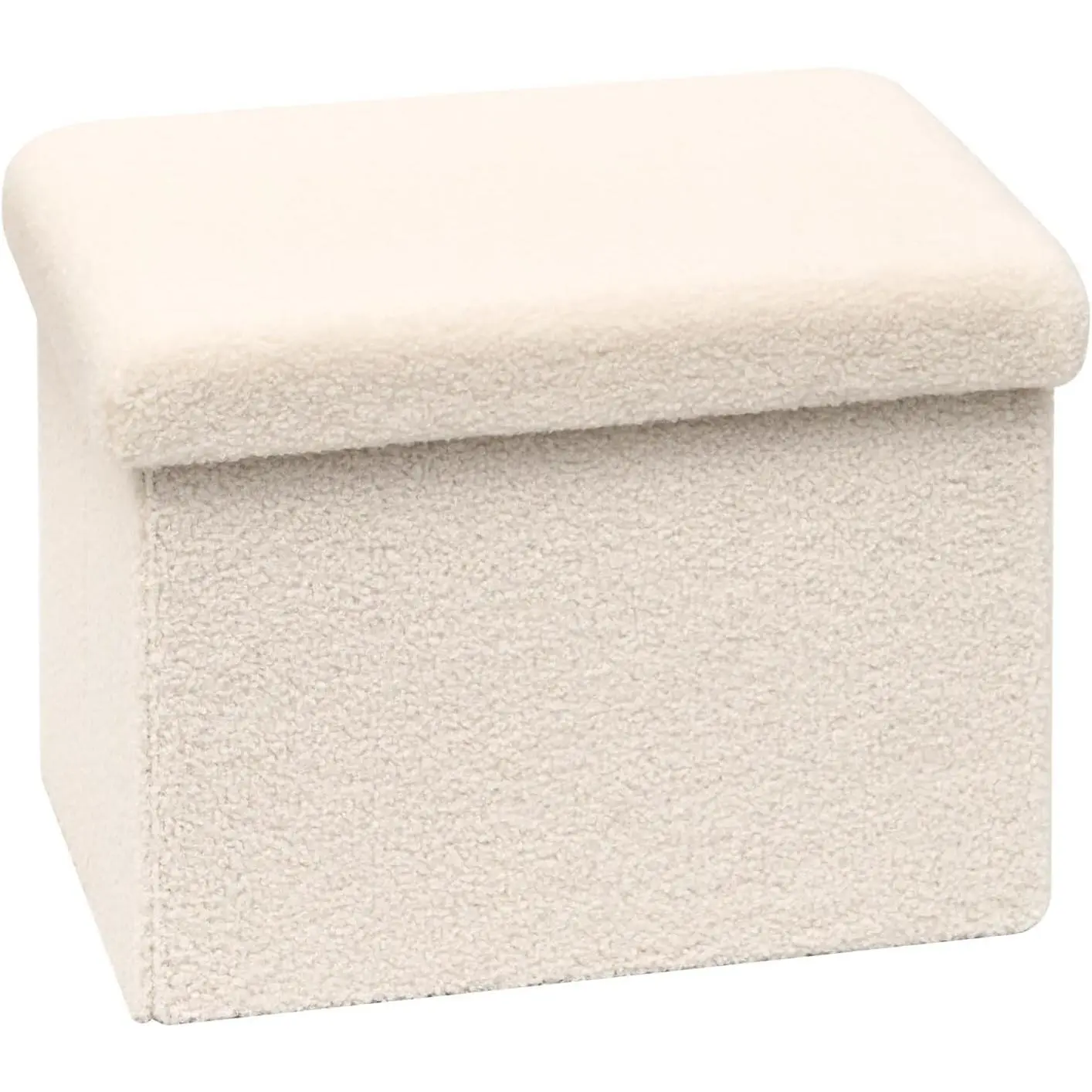 White Cubical Storage Ottoman - Small Foldable Portable Boucle Sherpa Upholstered Foot Rest, 16.5"x12.6"x12.6" Indoor Sofa Furniture Accessory