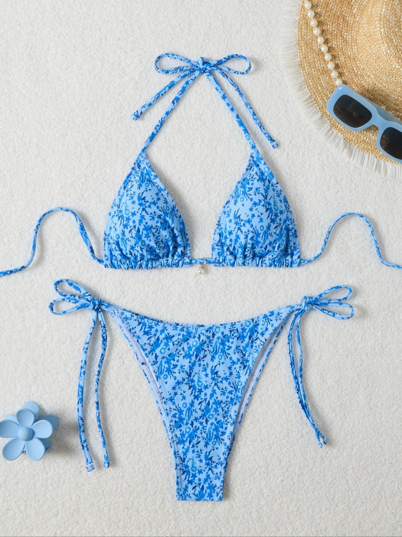 Two-Piece Set Women's All Over Print Bikini Set, Casual Fashion Chic Triangle Swim Bra & Swim Panty Swimsuit Set, Ladies Swimwear for Beach Holiday Vacation, Floral Print Bikinis, Flower Print Bikini