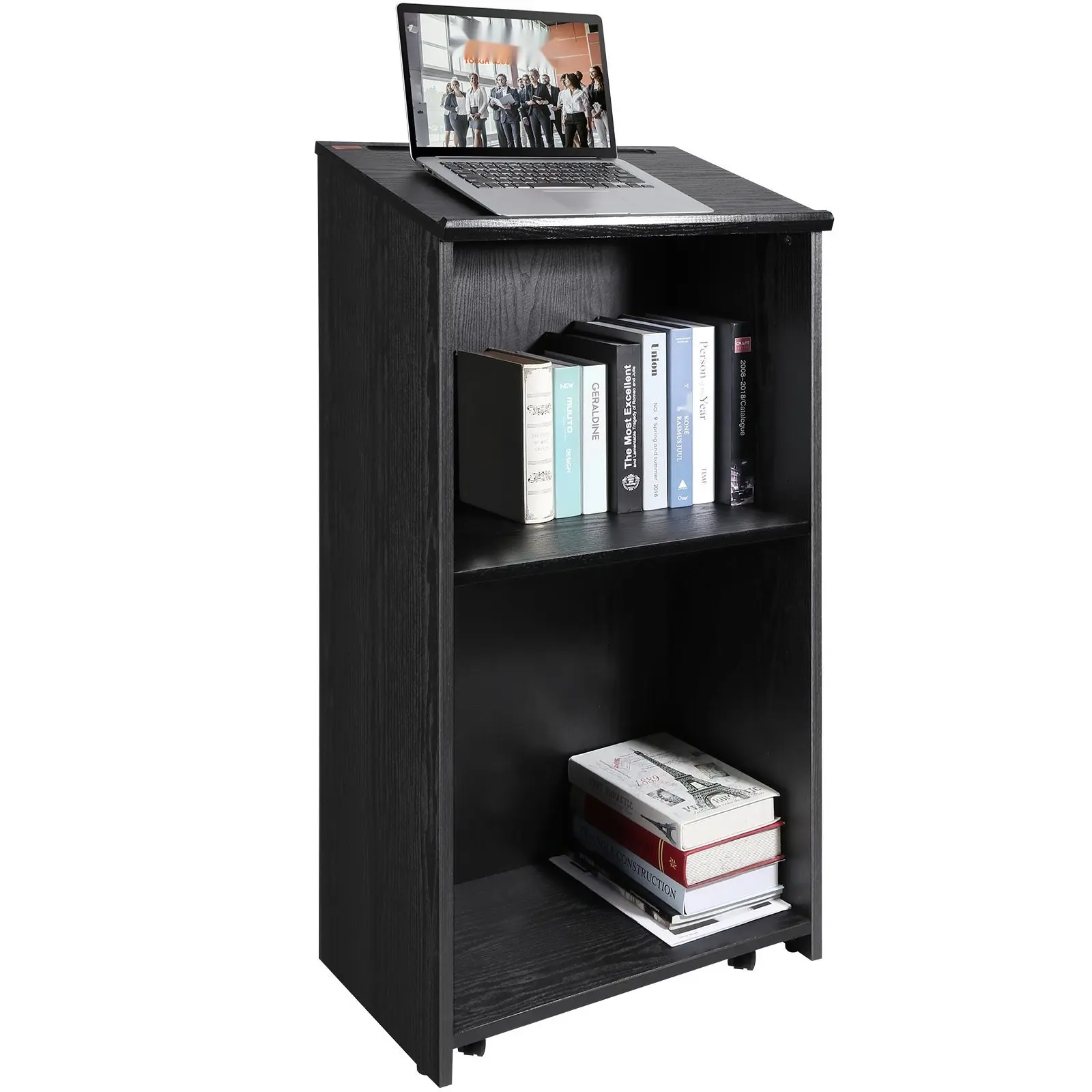 Wooden Podium Stand, 47-Inch Tall Hostess Lectern With Slanted Desktop, Storage Shelves, Four Rolling Wheels, Durable Wood Construction, Easy Mobility, Suitable For Church, Office, School, And Home Use, Black Finish