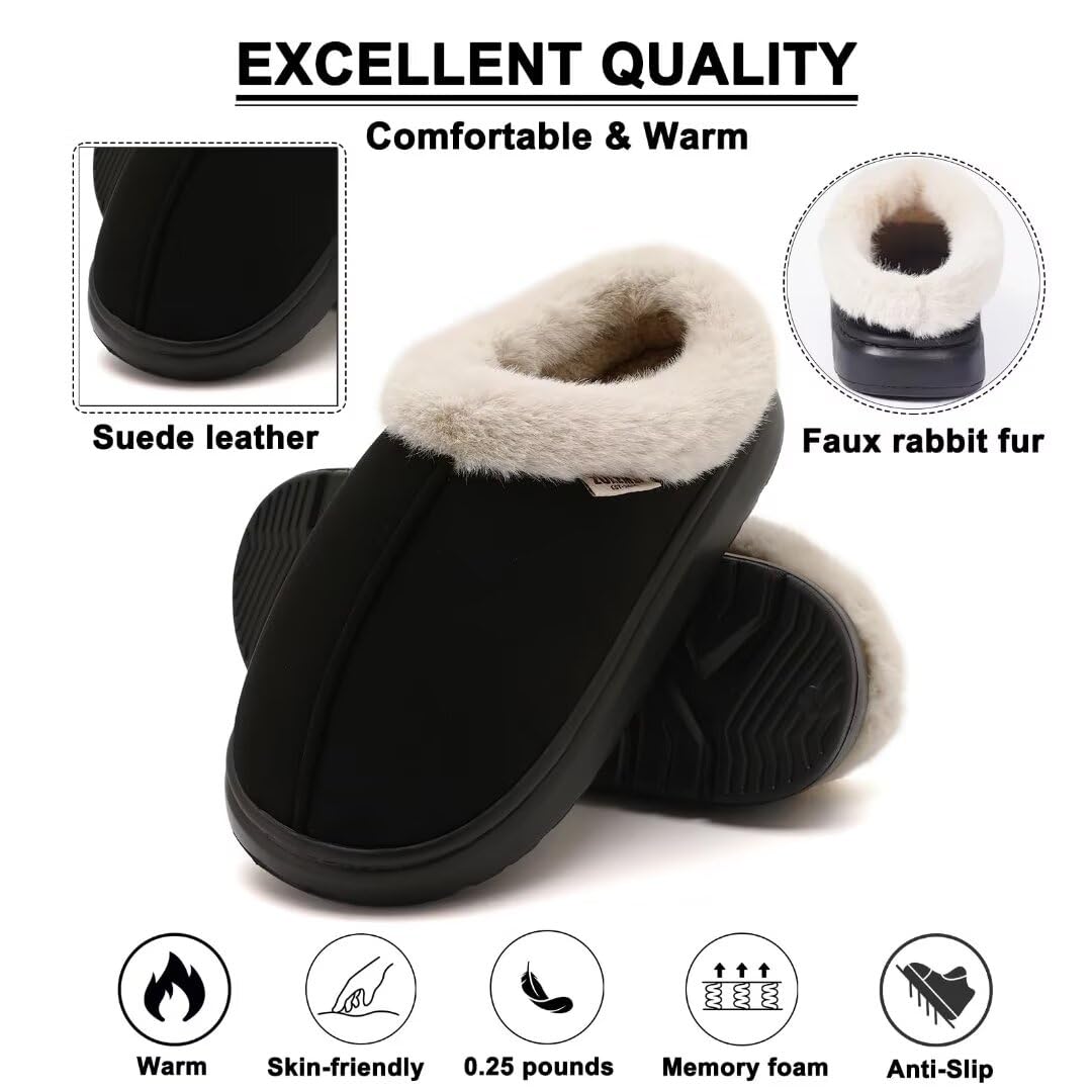 Women's Fluffy Winter Slippers Soft And Warm Durable Upper Indoor Outdoor Anti-slip EVA Sole Easy To Wear Black Suede Footwear