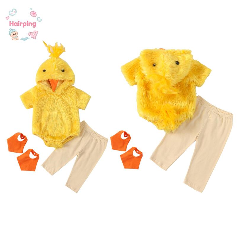 Baby Chick Costume Outfit Set, 3PCS Furry Hooded Romper + Pants + Booties, Cute Easter/Halloween Animal Themed Infant Clothes, Ideal for Photoshoot & Holiday Gift
