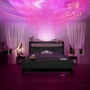 Starry Sky Lamp Design Bed Frame With Cushioned Ottoman, Charging Station, Heavy Duty Feet, Easy To Assemble